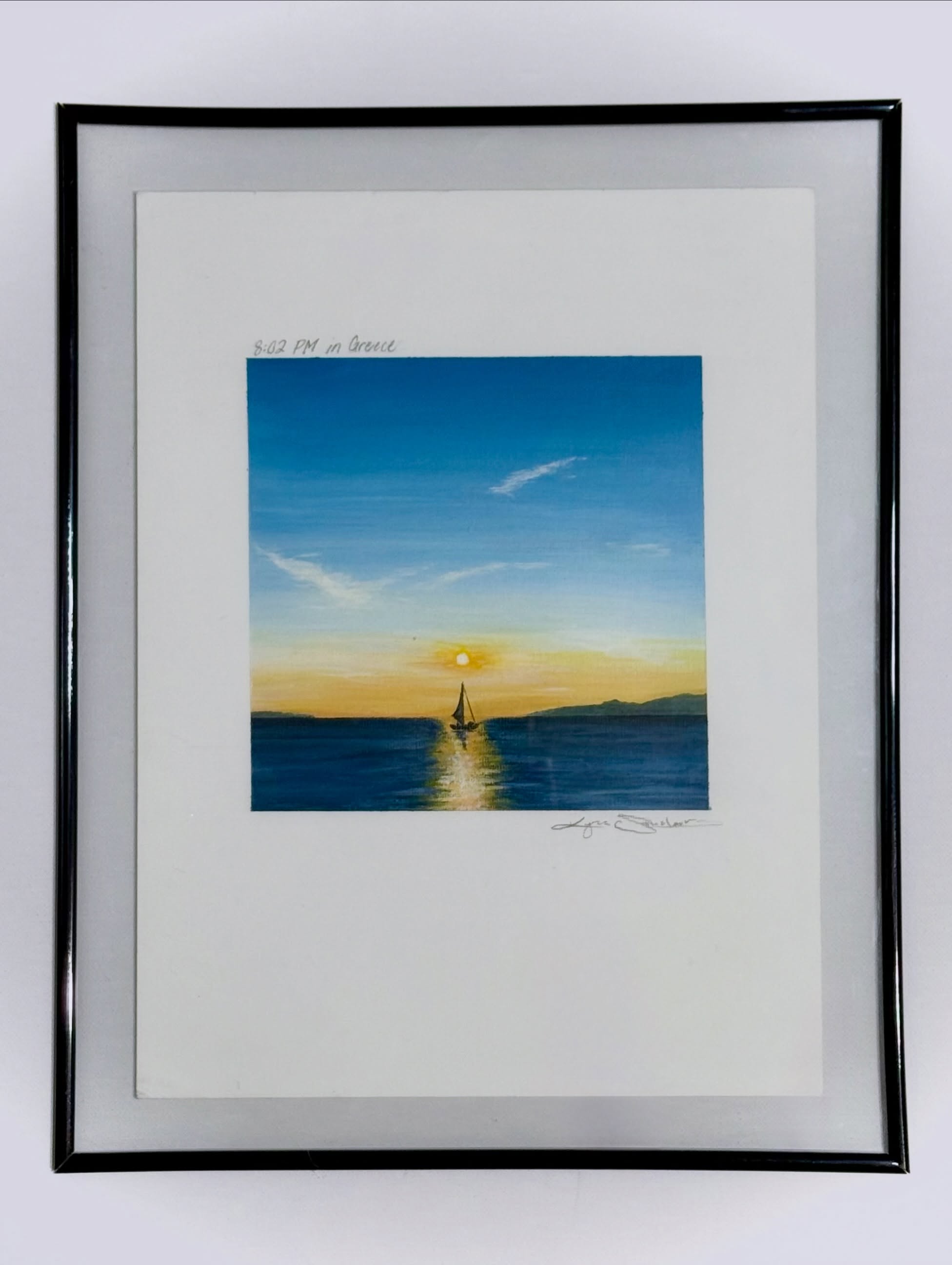 Framed original painting of a sunset in Greece